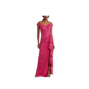 Tadashi Shoji Pink Sequin Embroidered Lace Gown Off-Shoulder 6